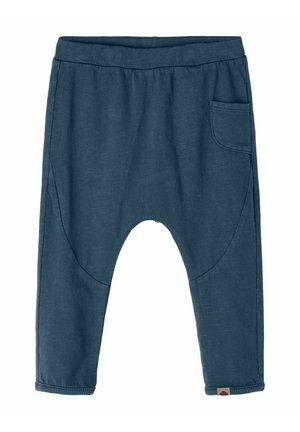 Dark blue toddler pants with elastic waistband, dropped crotch, tapered legs, and a small patch pocket on the right side.