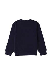 Felpa a maniche lunghe blu navy con polsini e orlo a costine, mostrata da dietro su uno sfondo bianco.