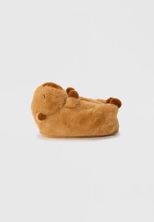 Brown plush animal-shaped slipper with rounded design, soft texture, and small brown accents. Suitable for indoor use.