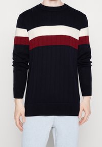 Homme portant un pull côtelé bleu marine avec des rayures horizontales rouges et blanches, et un jean bleu clair, debout devant un fond uni.