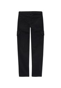 Schwarze Cargo-Hosen im Slim Fit, aus strapazierfähigem Baumwollstoff gefertigt. Auffällige Details sind Seitentaschen und Gesäßtaschen zur Aufbewahrung.