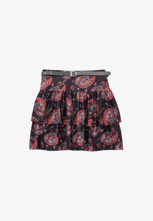 Black skirt with ruffles, paisley pattern in red, blue, and white. Features a fitted waistband with a gray belt. Cotton blend material.