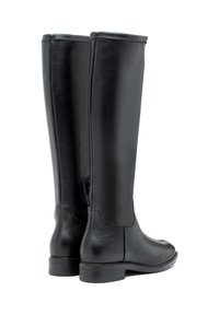 Stivali neri in pelle alti fino al ginocchio con finitura liscia, dettaglio con zip laterale e tacco quadrato basso. Design resistente e aderente.