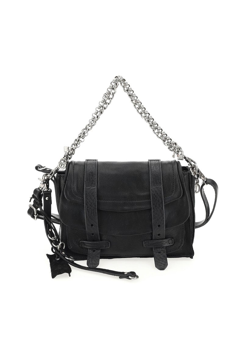 Crna kožna torba s teksturiranim završetkom, s dva prednja remena, lančanim remenom za rame i odvojivim ukrasnim remenom.