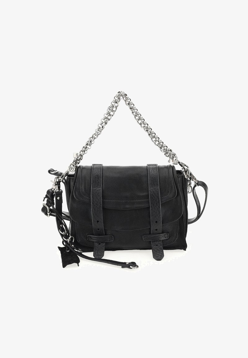 Crna kožna torba s teksturiranim završetkom, s dva prednja remena, lančanim remenom za rame i odvojivim ukrasnim remenom.