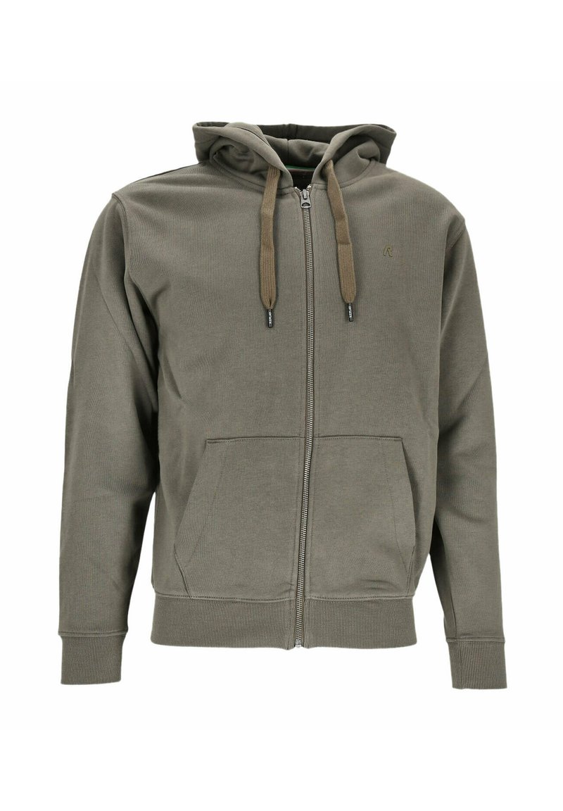 Felpa con zip verde oliva realizzata in morbido cotone misto. Caratterizzata da cappuccio con coulisse, tasche frontali e polsini e orlo a coste.