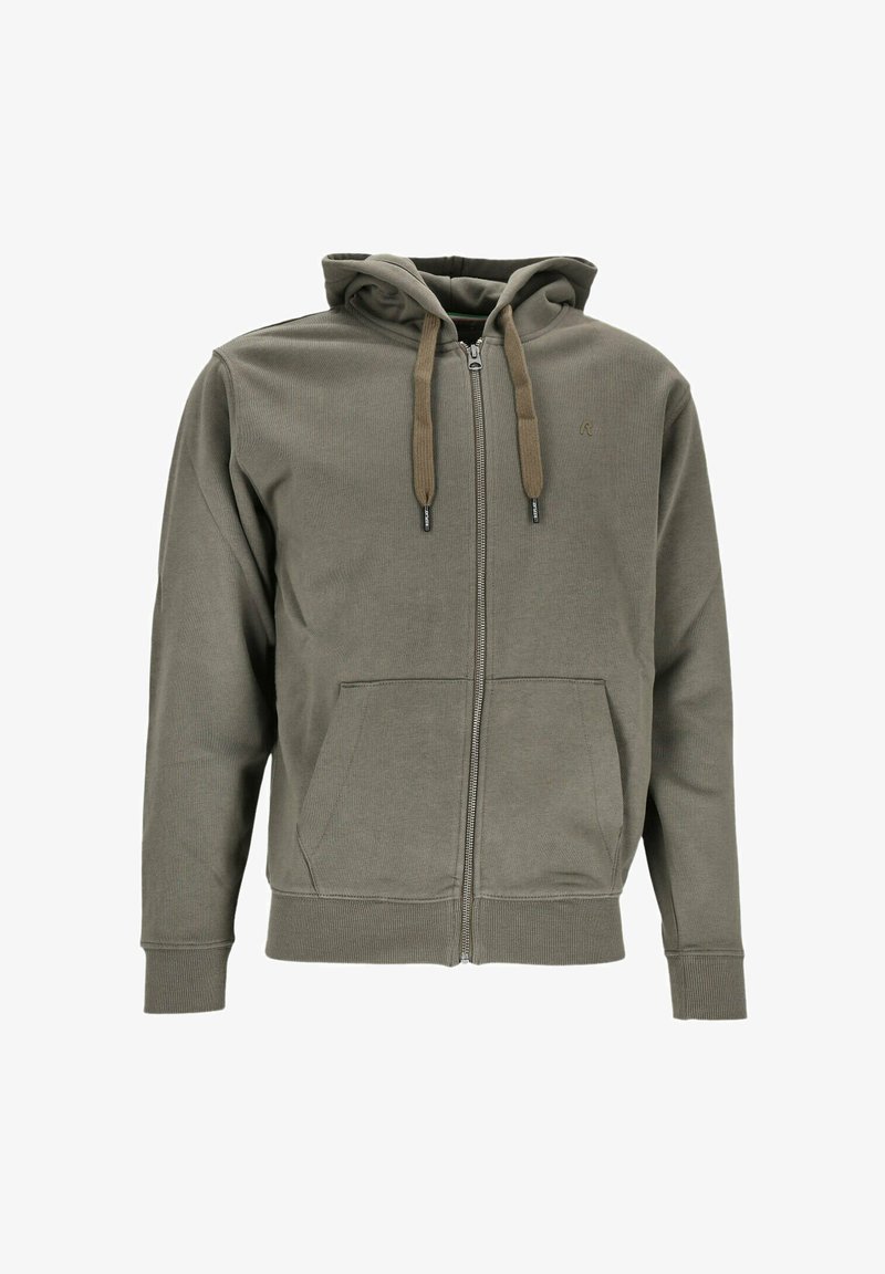Olive green zip-up hoodie made of soft cotton blend. Features a drawstring hood, front pockets, and ribbed cuffs and hem.