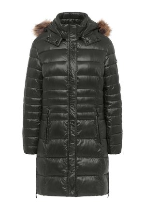 Gevulde donkergroene jas met een capuchon, voorzien van een verwijderbare nepbontafwerking, met ritszakken aan de zijkant en een glanzende afwerking. Lange mouwen en knielang.