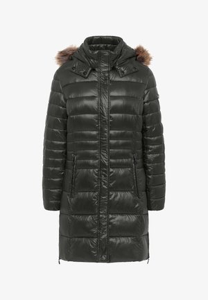 Gesteppten, dunkelgrünen Mantel mit Kapuze, der eine abnehmbare Kunstfellverzierung, seitliche Reißverschlusstaschen und eine glänzende Oberfläche aufweist. Langärmlig und knielang.