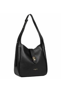 Borsa a spalla in pelle nera con finitura texturizzata, dotata di chiusura magnetica e accessori in tono dorato, in un design curvo e minimalista.