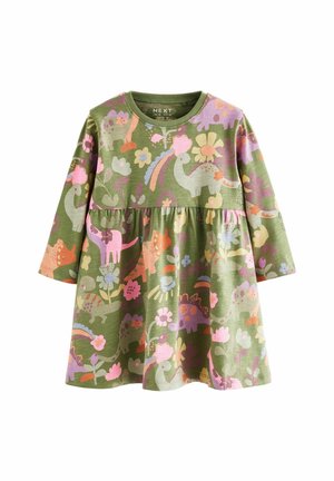 Grøn langærmet kjole til småbørn med farverige dinosaur- og blomstermønstre i pink, lilla, orange og gul.