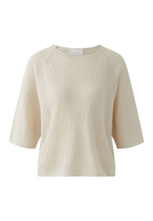 Beige gebreide korte mouw trui met een ronde halslijn en een losse pasvorm, gemaakt van lichtgewicht, gestructureerde stof.