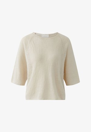 Beiger Strickpullover mit kurzen Ärmeln, rundem Ausschnitt und lockerer Passform, gefertigt aus leichtem, strukturiertem Stoff.