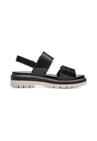 Black patent leather sandals with two wide straps and a buckled ankle strap. Features a light beige chunky sole with treads.