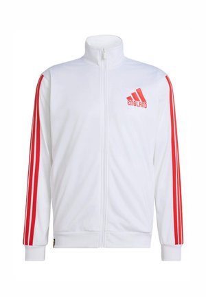 Veste de sport blanche à fermeture éclair avec des rayures rouges le long des manches et un logo "England" rouge sur le côté gauche de la poitrine.