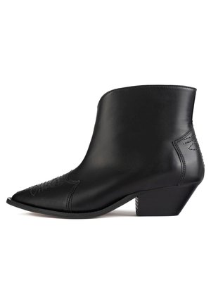 Black leather ankle boot with a pointed toe, low chunky heel, decorative stitching on the front, and a smooth texture.