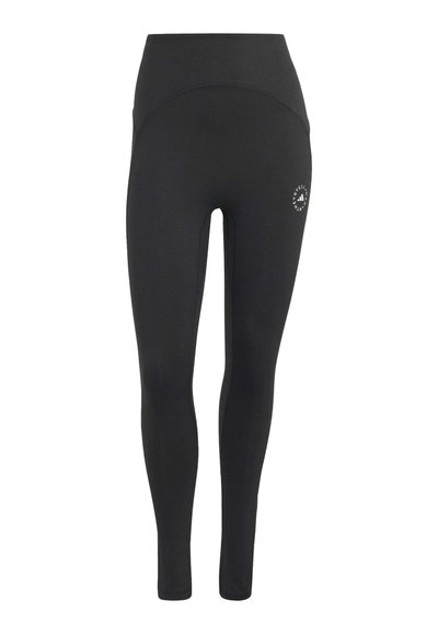 Sorte leggings med høj talje og fuld længde, med sømdetaljer og lille cirkulært Adidas by Stella McCartney-logo på øverste lår.