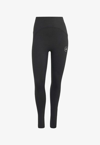 Sorte leggings med høj talje og fuld længde, med sømdetaljer og lille cirkulært Adidas by Stella McCartney-logo på øverste lår.