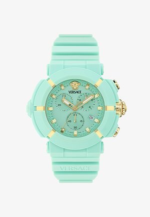 Mintgrüner Versace-Armbanduhr mit goldenen Akzenten, Chronographenanzeigen, Datumsanzeige und Medusa-Logo auf einem strukturierten Silikonarmband.