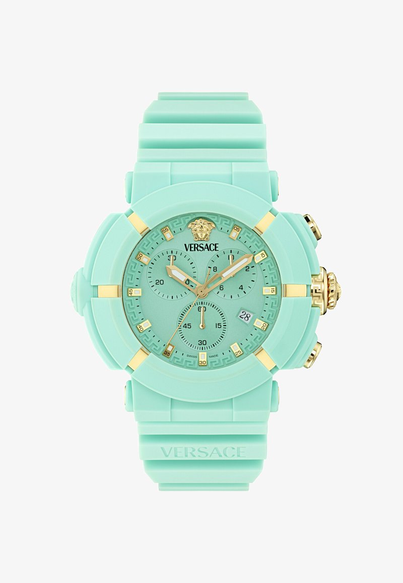 Reloj de muñeca Versace en verde menta con acentos dorados, diales de cronógrafo, pantalla de fecha y logo de Medusa en una correa de silicona texturizada.