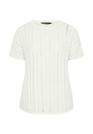 Top bianco a maniche corte in maglia con motivo traforato verticale e scollatura rotonda.