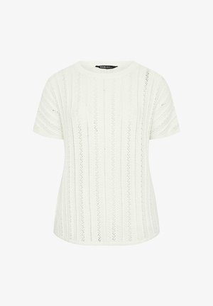 Biały krótki sweter z krótkim rękawem, z pionowym ażurowym wzorem i okrągłym dekoltem.