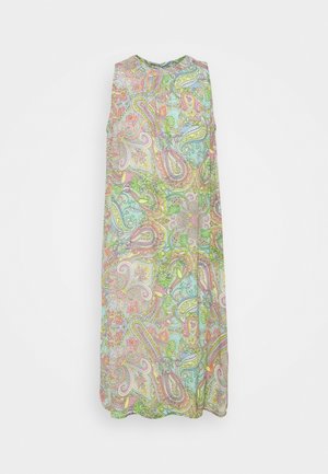 Sukienka bez rękawów do kolan z wielokolorowym pastelowym wzorem paisley w kolorach różowym, zielonym, niebieskim i żółtym na jasnej tkaninie.