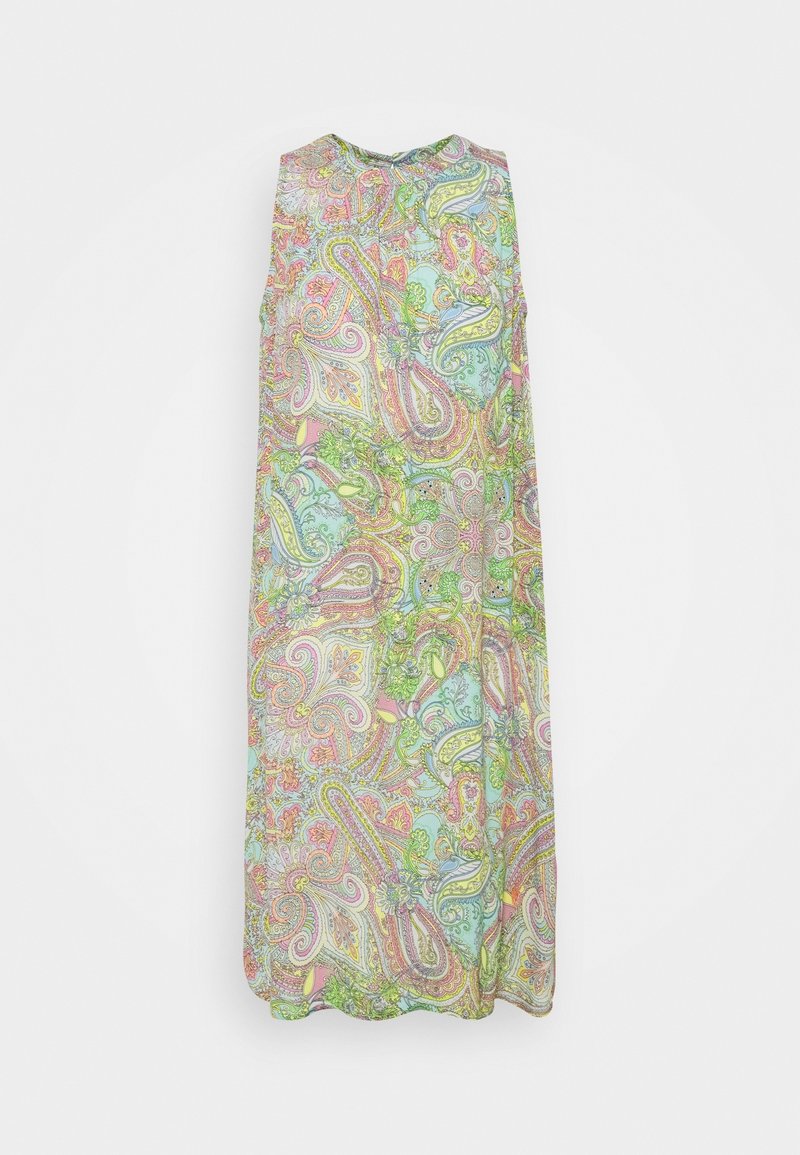 Robe sans manches, longueur genou avec motif paisley multicolore pastel en rose, vert, bleu et jaune sur tissu léger.