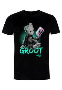 Zwarte katoenen t-shirt met een graphic van een personage dat een cassettebandje vasthoudt, met turquoise en roze accenten, gelabeld "GROOT".