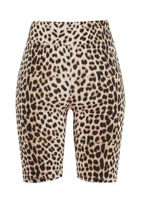 High-waisted, knee-length shorts with a leopard print pattern in beige, black, and brown tones, made of stretchy fabric.