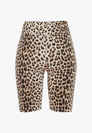 Magas derekú, térdig érő rövidnadrág bézs, fekete és barna árnyalatú leopárdmintával, rugalmas anyagból.