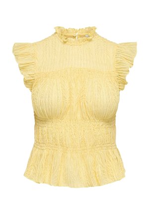 Sárga csipkés blúz fodros magas nyakkal, rövid leplek ujjakkal, gumis derékrésszel és peplum alsó résszel.