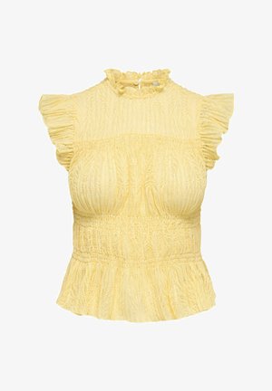 Sárga csipkés blúz fodros magas nyakkal, rövid leplek ujjakkal, gumis derékrésszel és peplum alsó résszel.