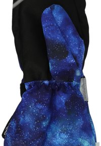 Schwarzer Winterhandschuh mit einem blauen galaxiemusterten Bündchen mit elastischem Raffung, aus weichem Stoff, entwickelt für Wärme und Komfort.