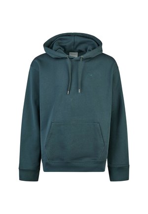 Hooded sweatshirt in a muted teal color, featuring a front kangaroo pocket, drawstring hood, and ribbed cuffs. Smooth texture.