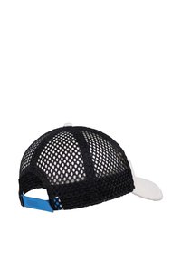 Black mesh baseball cap with a white front panel and blue adjustable strap. Features a curved brim and breathable design.