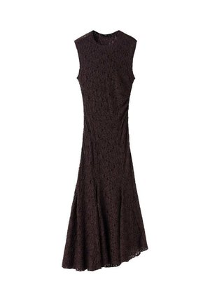Vestido sin mangas en encaje marrón oscuro, con un corsé ajustado y un dobladillo acampanado. Textura suave con patrones florales en todo el diseño.