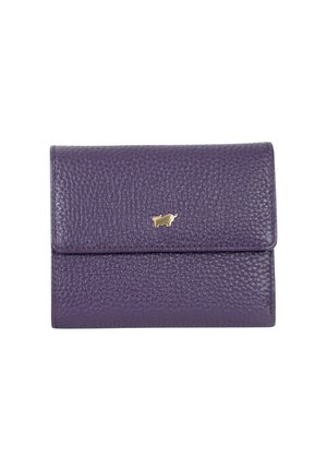 Portafoglio in pelle testurizzata viola con un piccolo emblema dorato a forma di animale sulla patta frontale, chiuso su sfondo bianco.