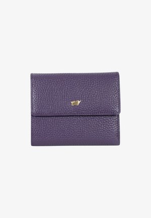 Portafoglio in pelle testurizzata viola con un piccolo emblema dorato a forma di animale sulla patta frontale, chiuso su sfondo bianco.