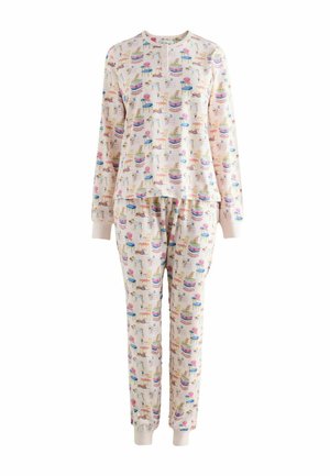 Kreemikas värvi pikkade varrukatega pidzaamakomplekt, millel on värvikirevad trükised koertest, toolidest, lilledest ja kookidest, nööbitav kaelus ning mansetitega varrukad ja pahkluud.