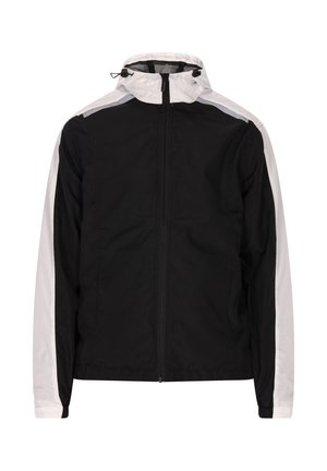 Black jacket with white accents, full zip, high collar, elastic cuffs, and a lightweight fabric. Features a mesh lining for breathability.