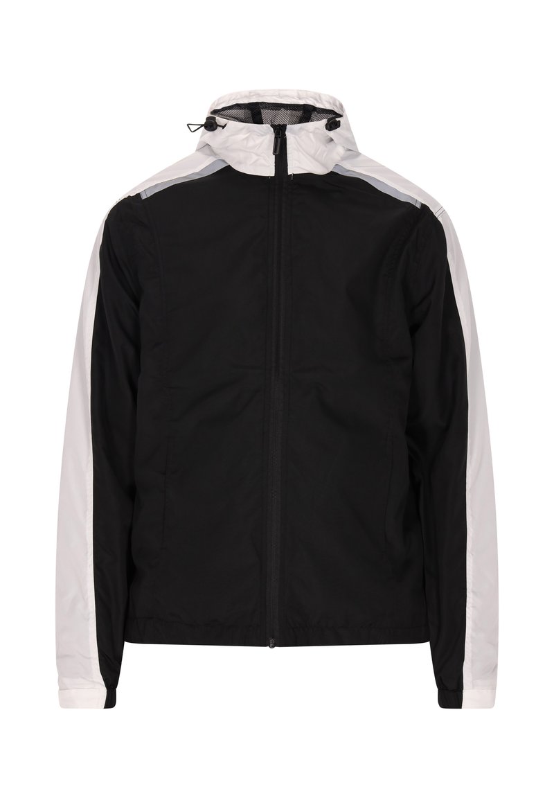 Black jacket with white accents, full zip, high collar, elastic cuffs, and a lightweight fabric. Features a mesh lining for breathability.