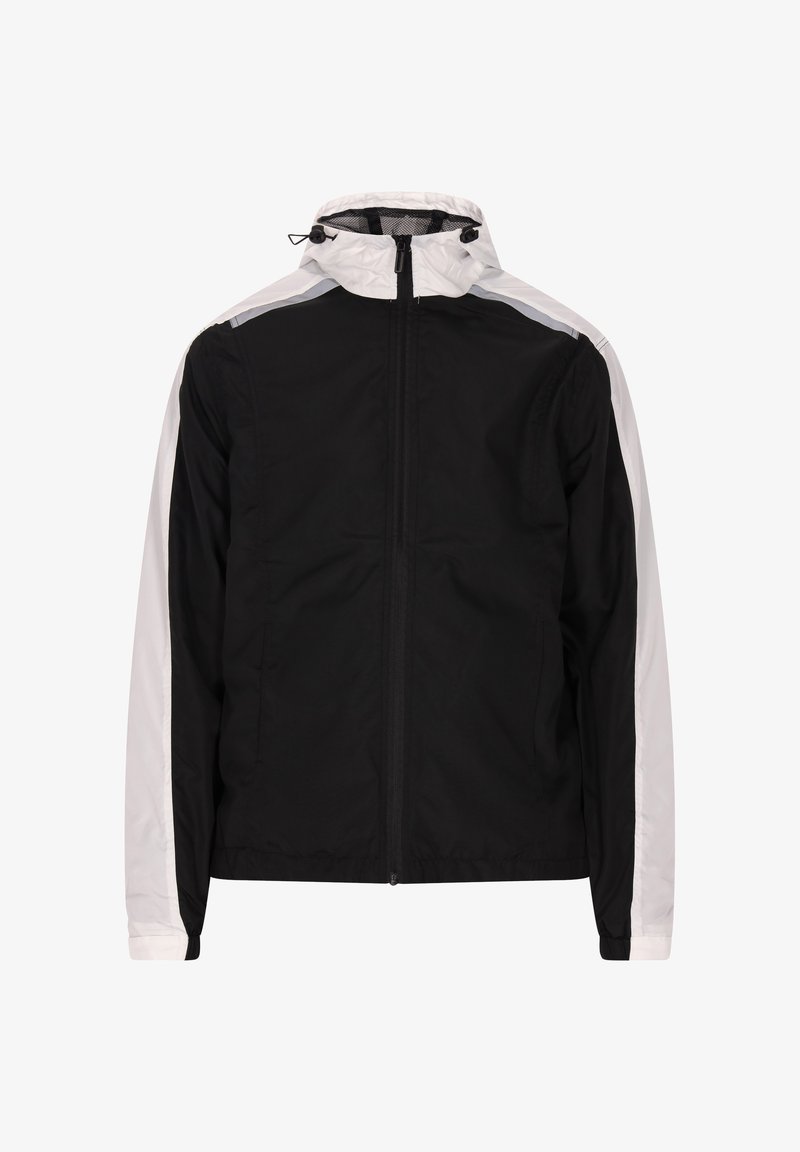 Schwarze Jacke mit weißen Akzenten, durchgehendem Reißverschluss, hohem Kragen, elastischen Bündchen und leichtem Stoff. Verfügt über eine Netzfutter für Atmungsaktivität.