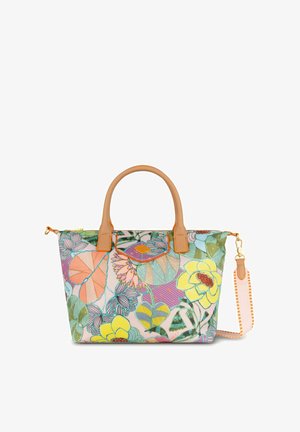 Kleurrijke tas met bloemmotief, gemaakt van stof, met leren handvatten in bruin en een afneembare schouderband. Voorzien van een ritssluiting en een zijvak.