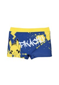 Blaue Badeshorts mit gelbem Bund. Features ein Pikachu-Graphic, Spritzer in Gelb und Weiß sowie ein Blitzdesign.
