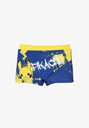 Blaue Badeshorts mit gelbem Bund. Features ein Pikachu-Graphic, Spritzer in Gelb und Weiß sowie ein Blitzdesign.