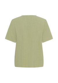 Olijfgroen, losse T-shirt met korte mouwen en een ronde hals. Textuurstof met een gladde afwerking, zonder zichtbare patronen of hardware.
