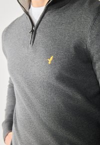 Sweater gris avec un col zippé, fabriqué en matériau doux. Présente un petit logo d'oiseau jaune sur la poitrine et des poignets côtelés.