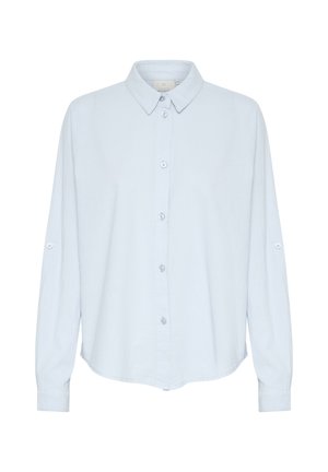 Light blue, long-sleeve button-up shirt with a classic collar, featuring a rounded hem and buttoned cuffs, made from soft fabric.