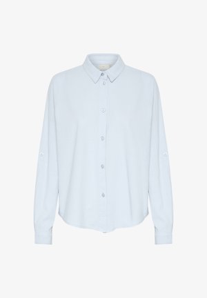 Lichtblauw, lange mouw knoopshirt met een klassieke kraag, met een afgeronde zoom en knoopmanchetten, gemaakt van zachte stof.